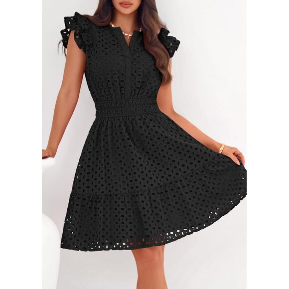 Women's Black V Neck Eyelet Cap Sleeve Summer Beach Vacation Sundresses - Picture 5 of 8